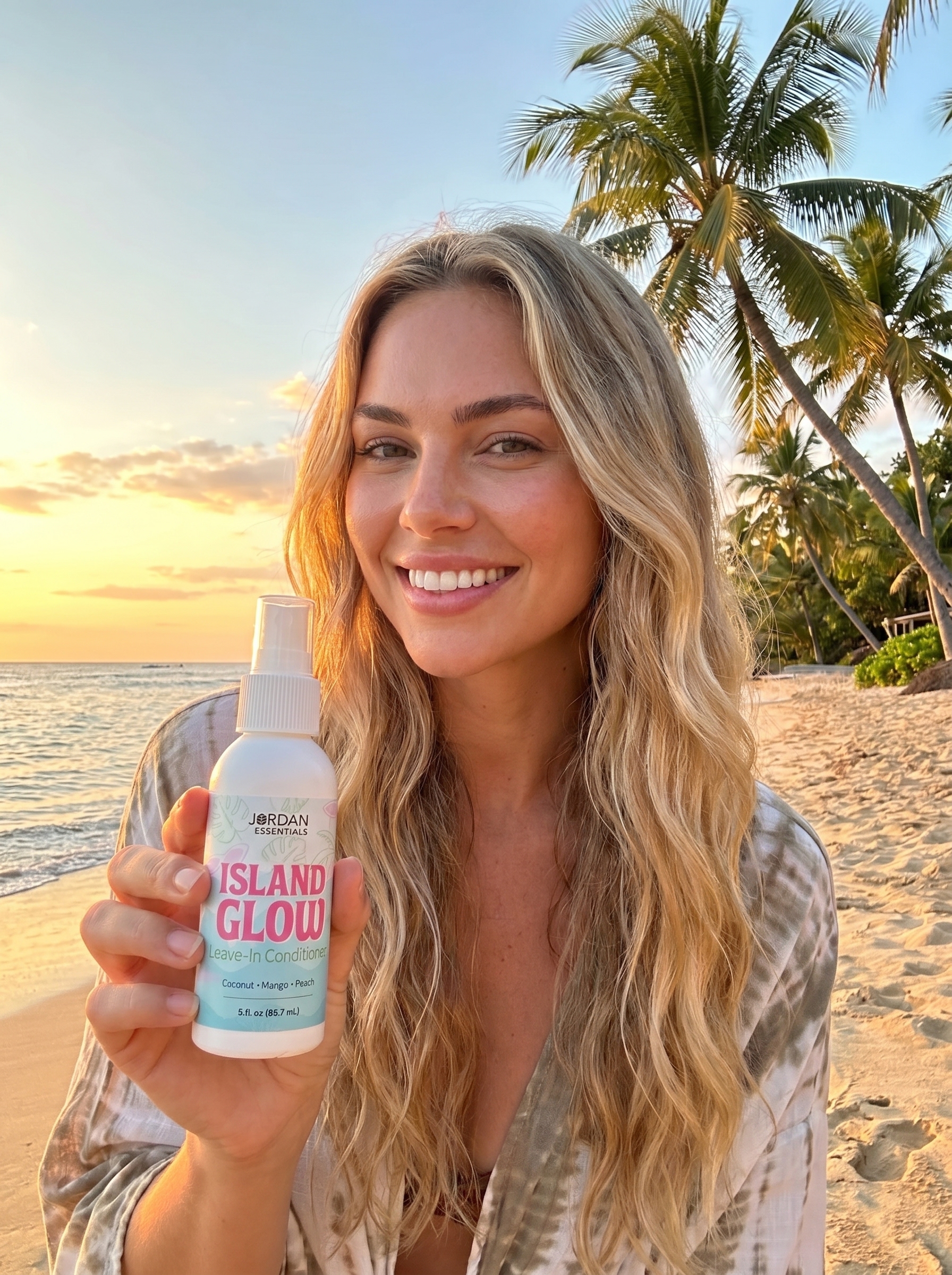 AI model holding Island Glow leave-in conditioner on a tropical beach at sunset