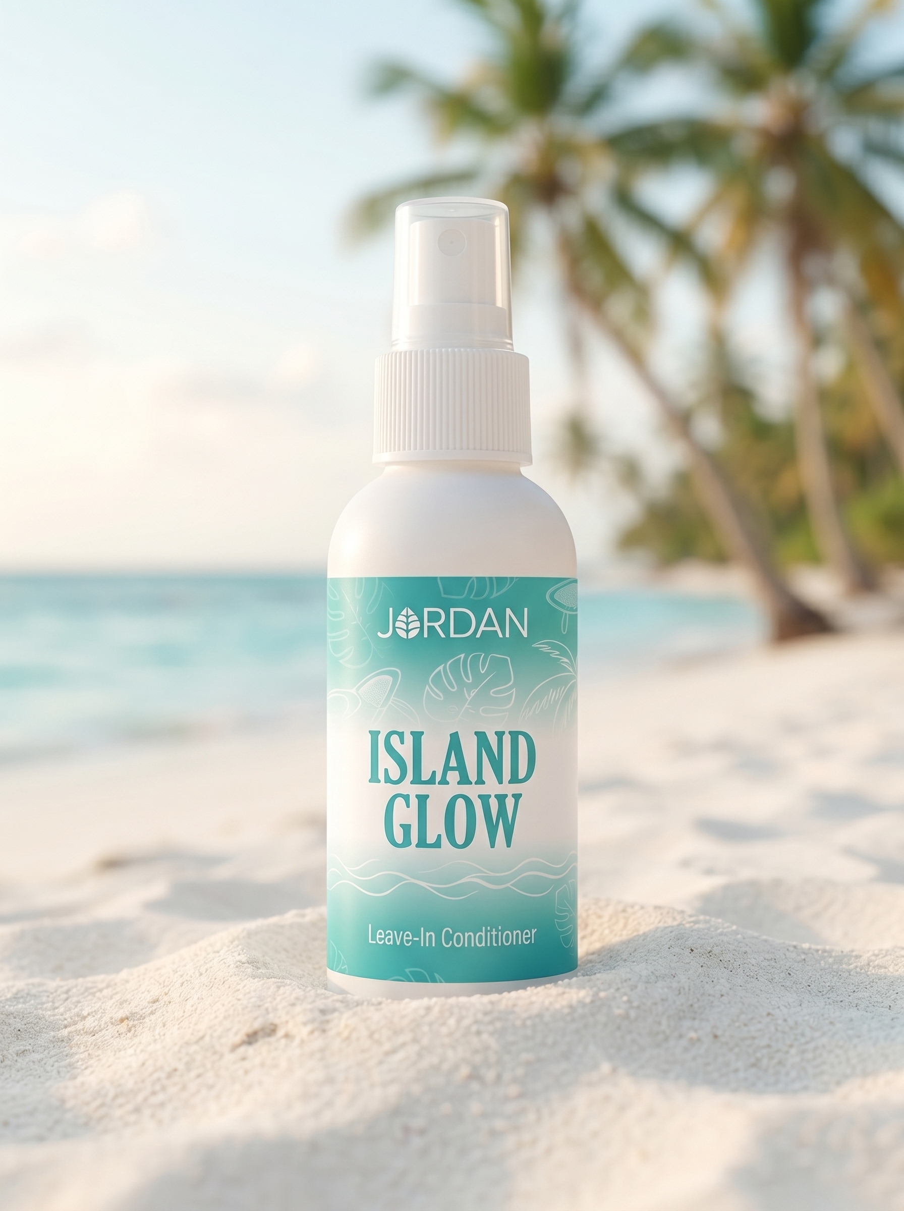 My updated Island Glow branding: a modern turquoise-and-white Jordan label on a bottle in a beach setting